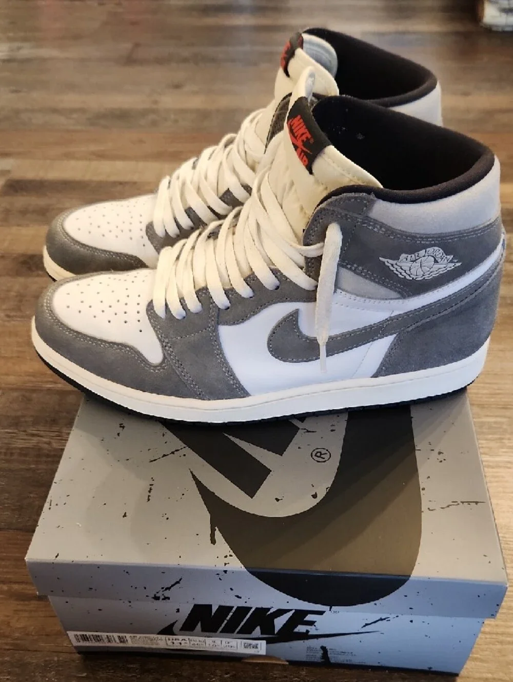 NIKE AIR JORDAN High-Top Sneakers in White, Gray and Black with Red Logo